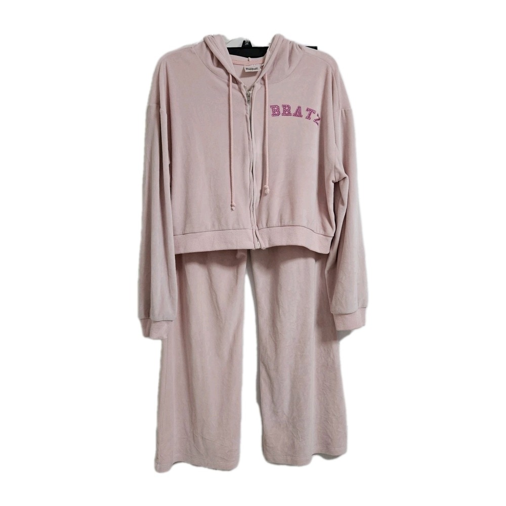 Bratz Tracksuit Womens XL Pink Velour Zip Hoodie Wide Leg Pants Rhinestone Y2K